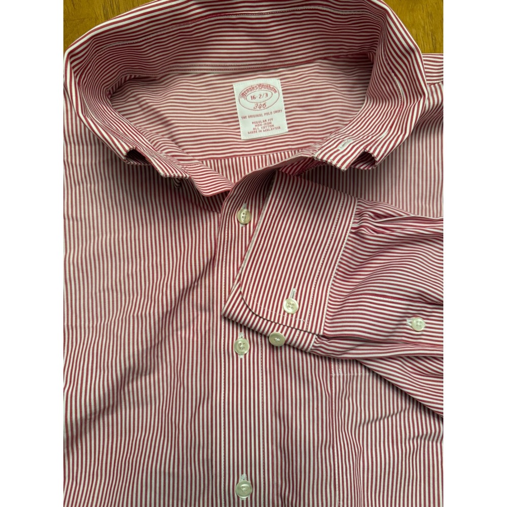 Brooks Brothers 346 Mens 16-2/3 Red White Striped Non-Iron Cotton Button Down